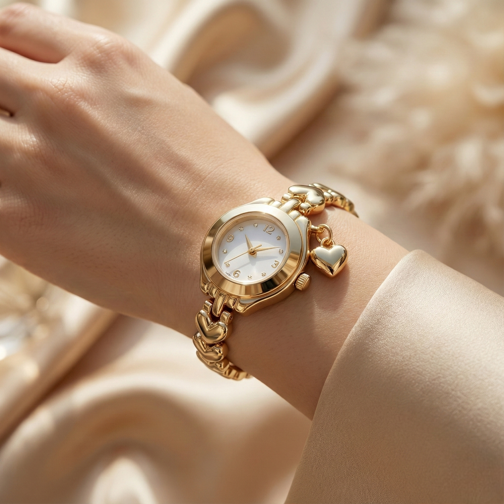 Minimalist Gold Detaylı Kalp Figürlü Kadın Saat